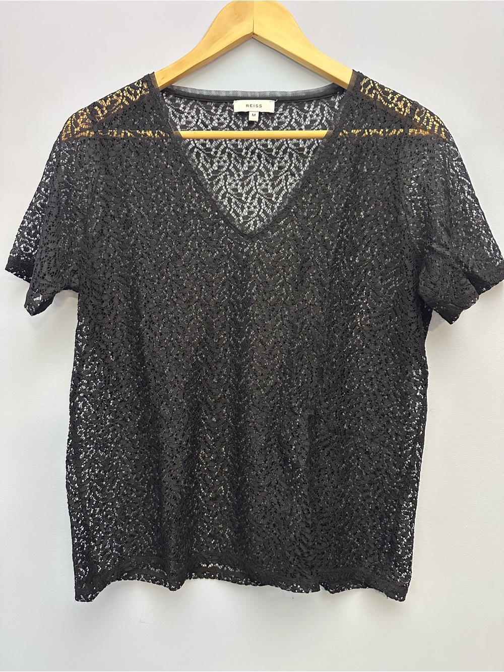 Reiss Black All-Over Lace V-Neck T-Shirt Size M Sheer Overlay